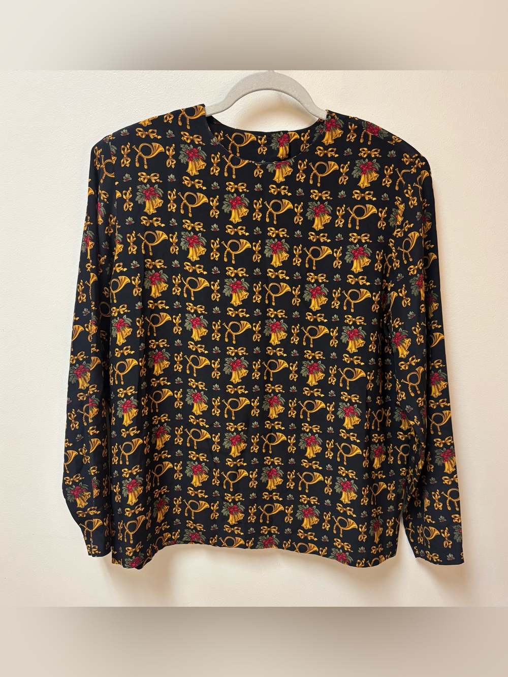 Vtg Talbots Silk Shirt Blouse Women Gold Red Horns & Bells Shoulder Pads Size 12
